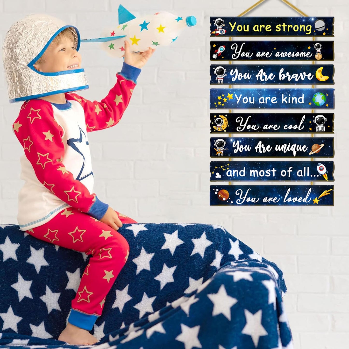 Rutiyoka Outer Space Themed Room Decor for Boys Bedroom Wall Inspirational Art Kids Wood Decorations Little Boy Nursery Toddler Sign