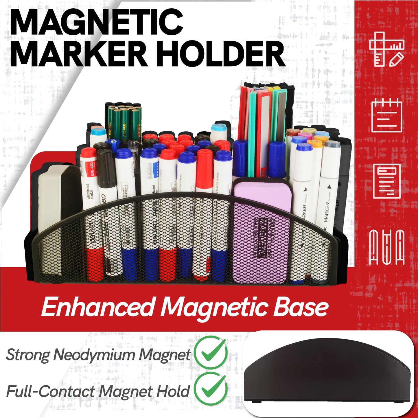 BEILITEMAG Magnetic Dry Erase Marker Holder for Whiteboard, 5 Slots Metal Pen Holder with Strong Magnets, 10inch Large Capacity Storage Basket Organizer for Office, School and Home (Black)