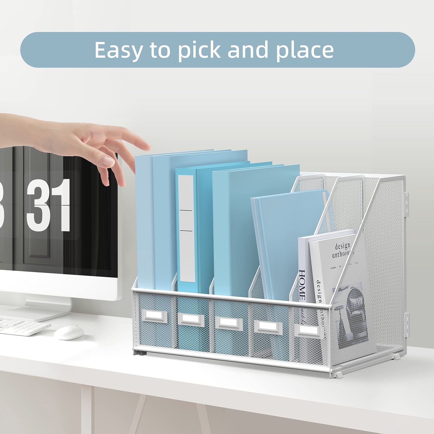 SUPEASY Desk Organizers Metal Desk Magazine File Holder with 5 Vertical Compartments Rack File Organizer for Office Desktop, Classroom, Home Workspace, White