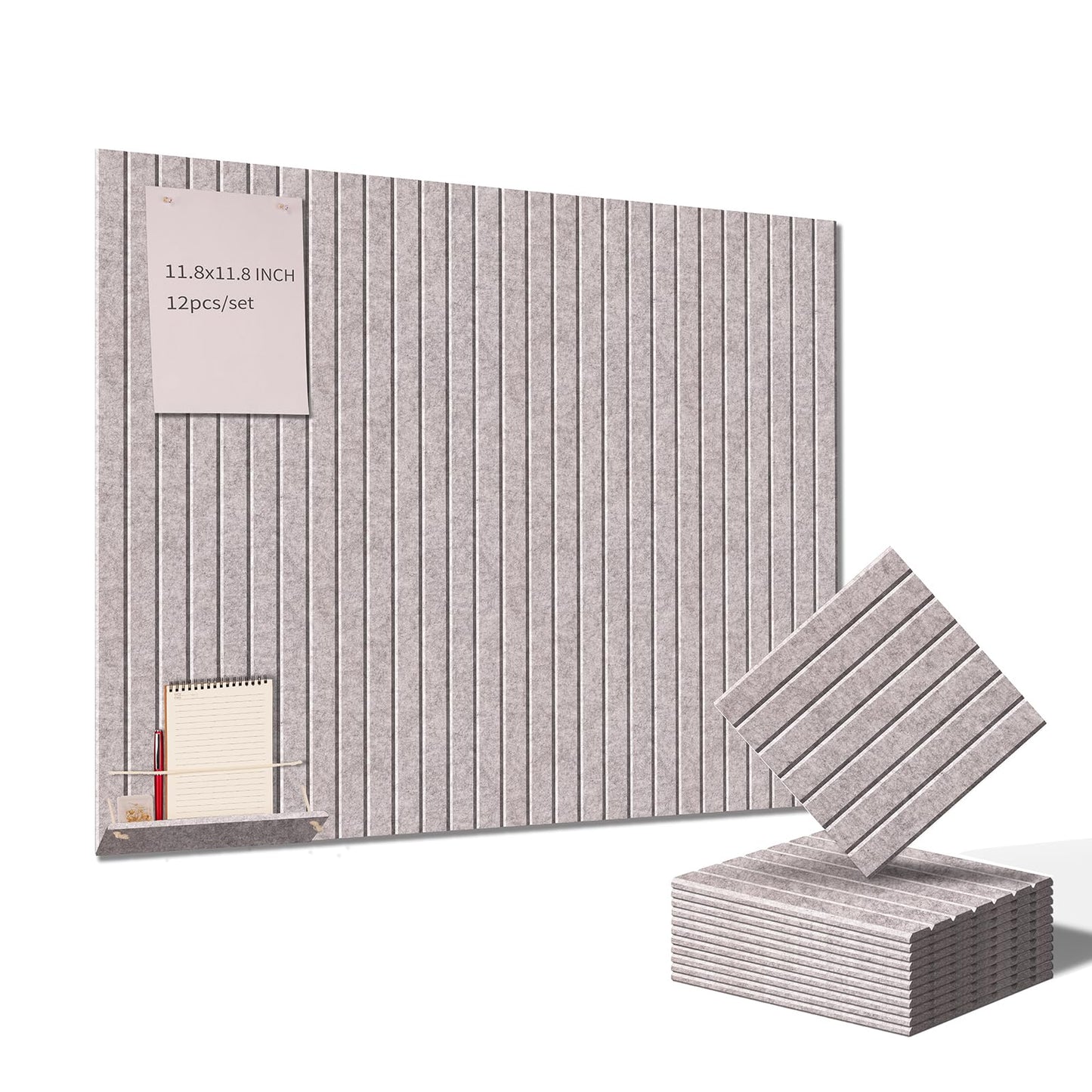 12 Pack Bulletin Boards 48" x 36" Alternative Cork Board for Office,Built-in Storage Device，Large Cork Boards for Walls ， Felt Wall Tiles, Contains Removable Security Stickers and PushPins (V-Gray)