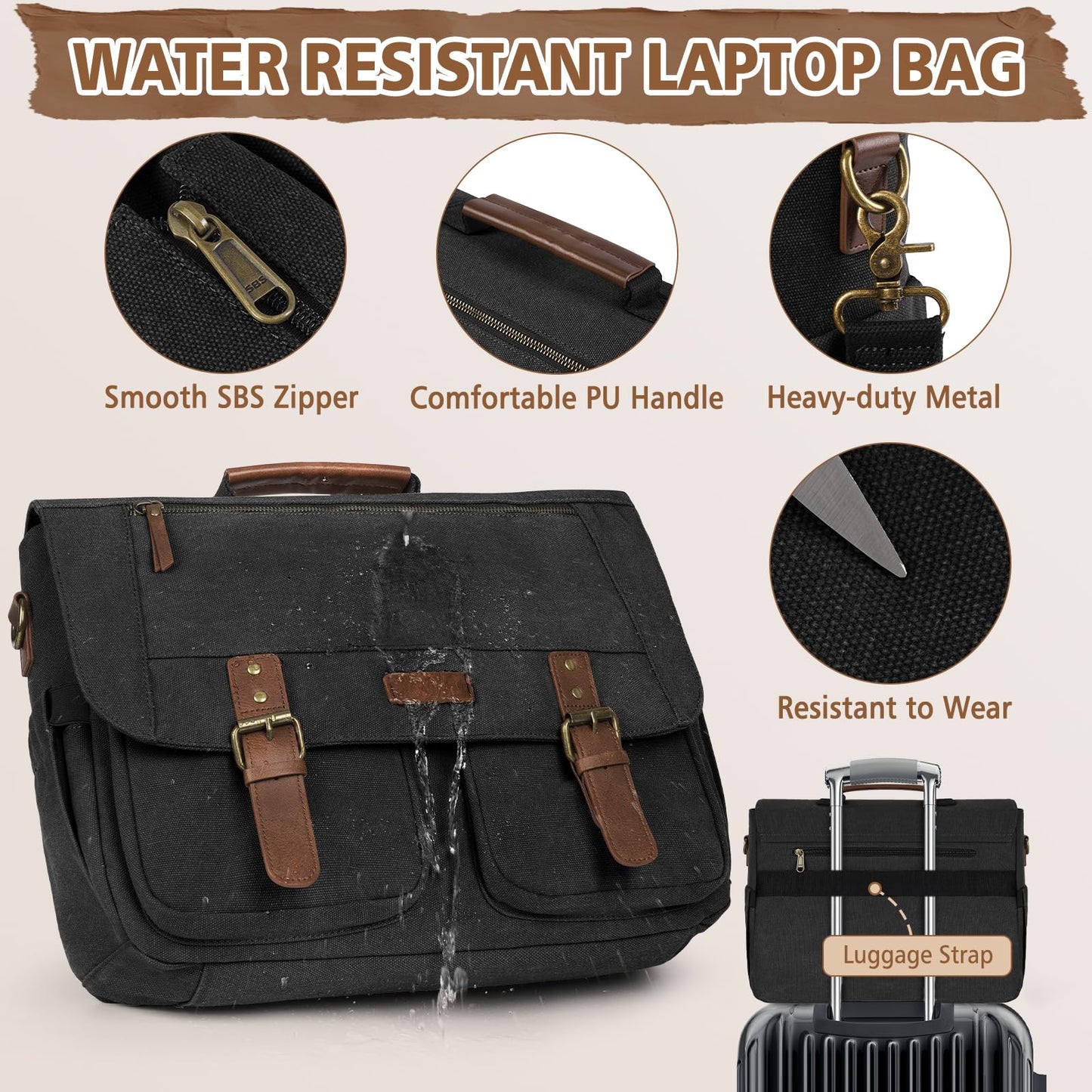 RAINSMORE Messenger Bag for Men, 15.6-17.3 inch Laptop Bag for Work College