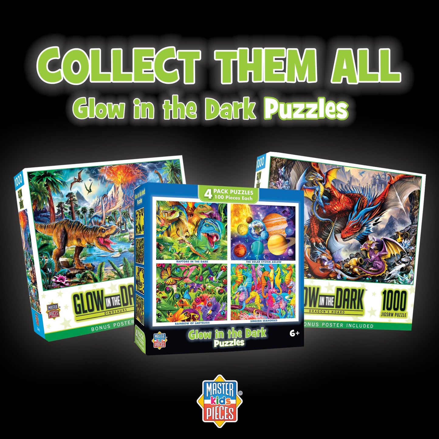 MasterPieces – Jigsaw Puzzle Set for Kids 6+ Years, 4-Pack of 100 Pieces, Educational and Fun Game, Purple Glow in the Dark Collection, Gift Idea for Children, 8" x 10