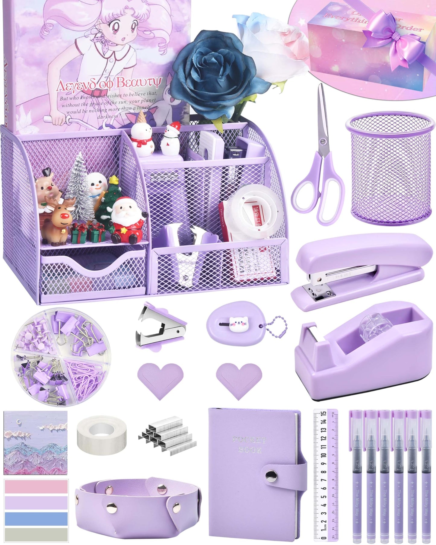 Purple Desk Accessories, 26Pcs Office Supplies and Desk Organizers, with Tape Dispenser, Stapler, Staple Remover Ect, Gift Box Packaging