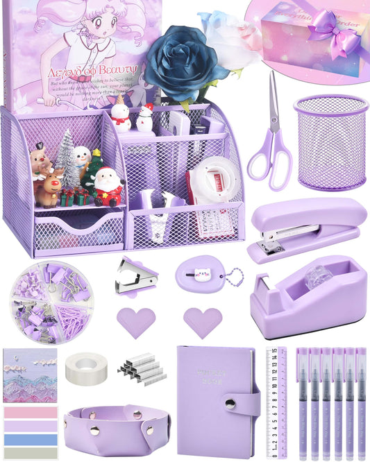 Purple Desk Accessories, 26Pcs Office Supplies and Desk Organizers, with Tape Dispenser, Stapler, Staple Remover Ect, Gift Box Packaging