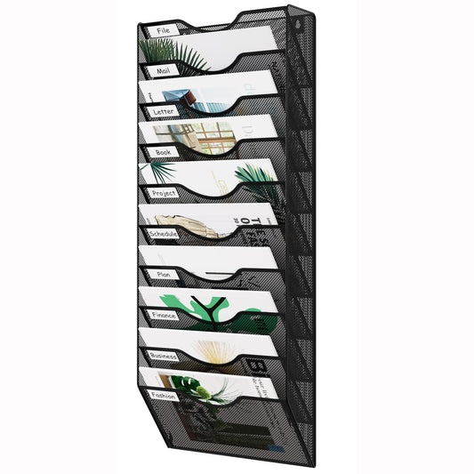 EasyPAG 10 Pocket Mesh Wall File Organizer, Hanging Paper Folder Holder with Classify Label, Vertical Wall Mount Mail Organizer for Office Home Classroom, Black