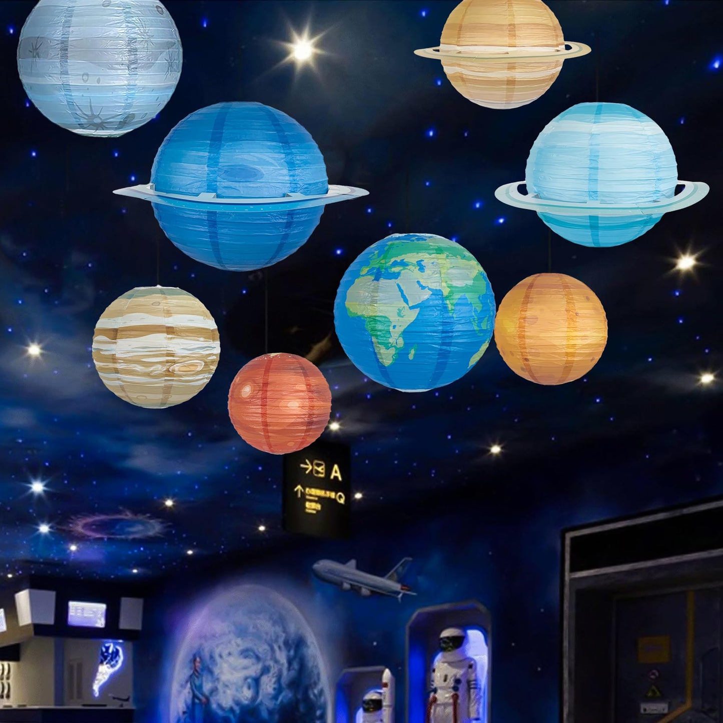 8 PCS Planet Paper Lanterns Outer Space Party Decorations Solar System Planets Hanging Lantern for Kids Space Theme Party Birthday Room Classroom Decorations