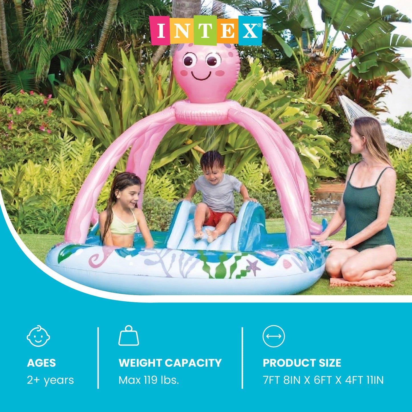INTEX Friendly Octopus Inflatable Kiddie Pool: Inflatable Kids Pool with Water Sprayer and Slide – Splash Pad – 92" x 72" x 59" – Ages 3+