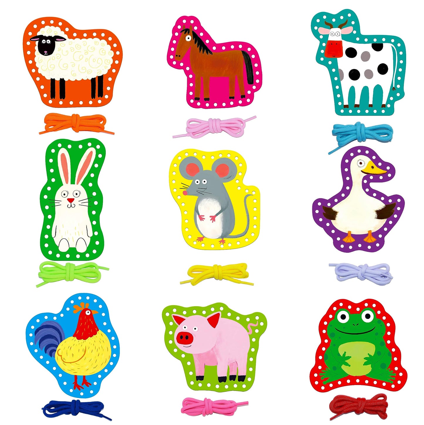 SpriteGru 9 Pieces Kids Lacing Cards, Double Sided Sewing Cards in 9 Farm Themed Cards with 9 Colorful Laces, Imagination Development Lacing Toys Games for Children Educational and Learning Activity