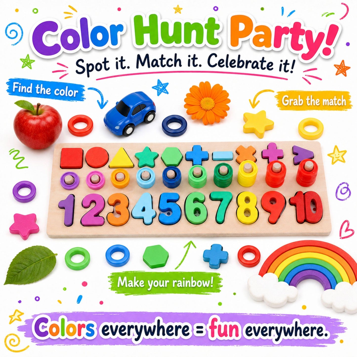 GeroCrew Wooden Montessori Toys for Kids Toddler Number Puzzles Sorter Counting Shape Stacker Stacking Game Preschool Toys for Boy Girl Learning Education Math Blocks Year Old Girl Gifts (Rainbow)