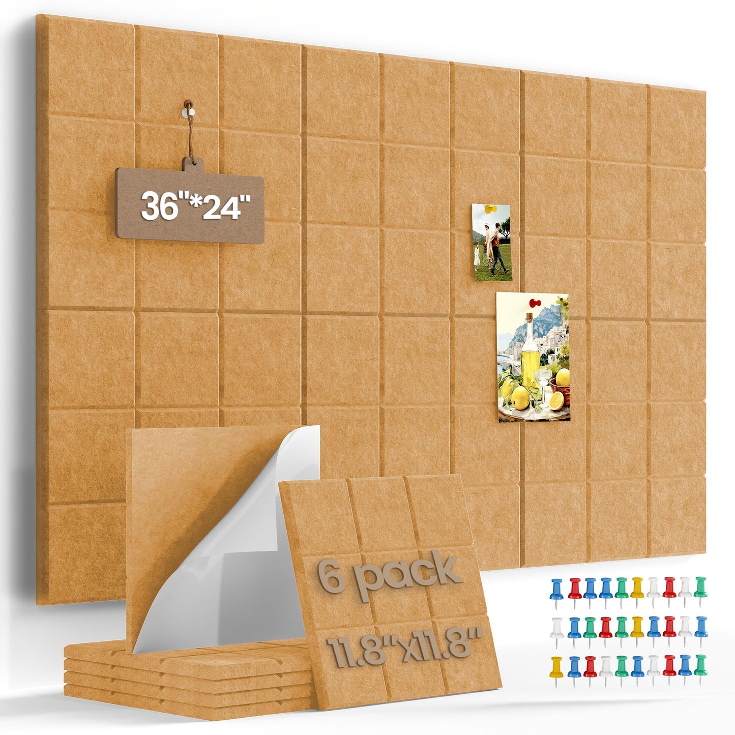 Uoisaiko Bulletin Board 6 Pack Large Pin Board 11.8" x 11.8", Felt Board Tiles with 30 Push Pins Alternative to Cork Board for Wall Damage-Free, Self Adhesive Notice Board Memo Board for Home Office