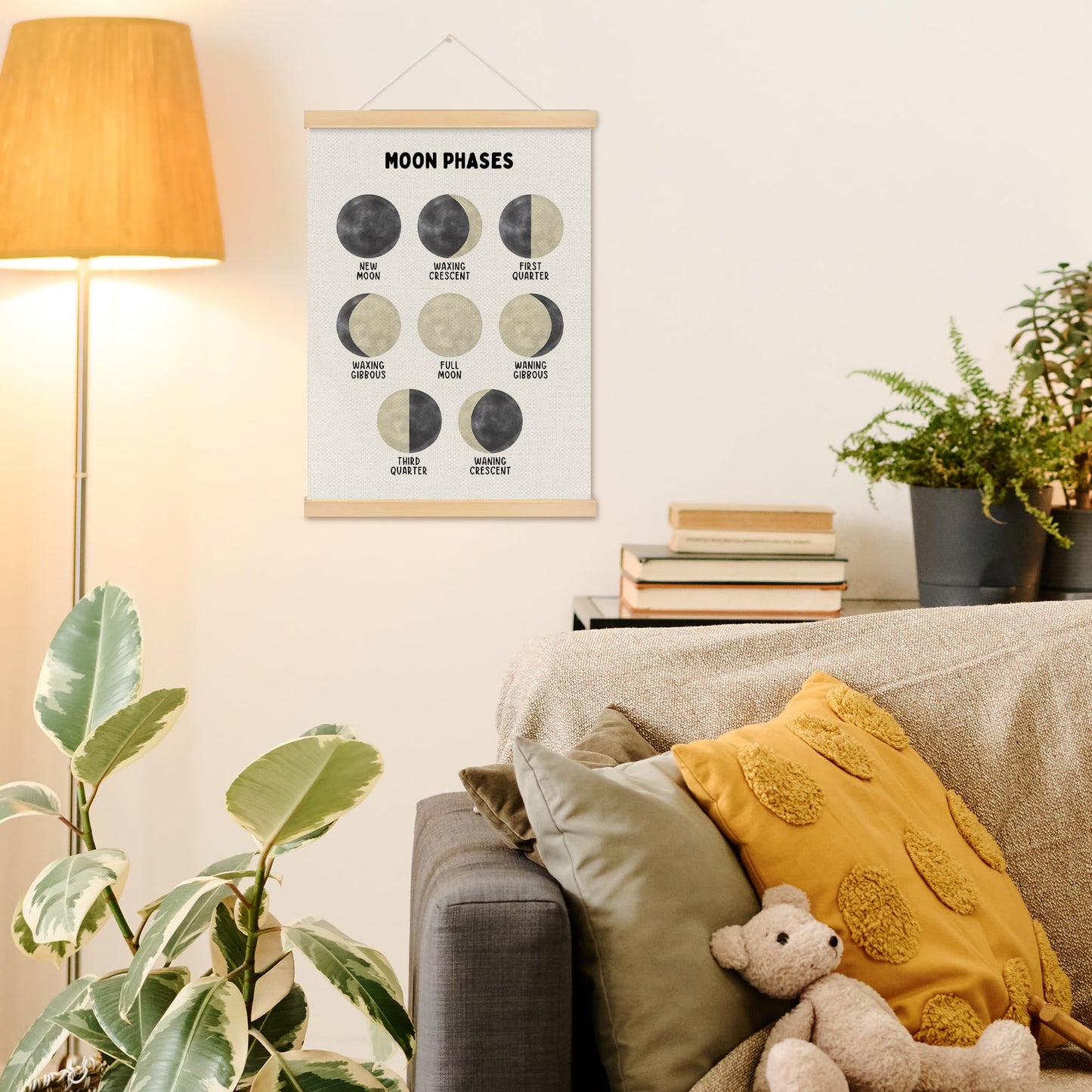 MOTERMATE Moon Phase Wall Decor Poster, Boho Moon Wall Art, Educational Learning Preschool Canvas Poster Hanger Frame, Homeschool Celestial Wall Hanging Banner Decor for Classroom Toddler, 12x16 Inch