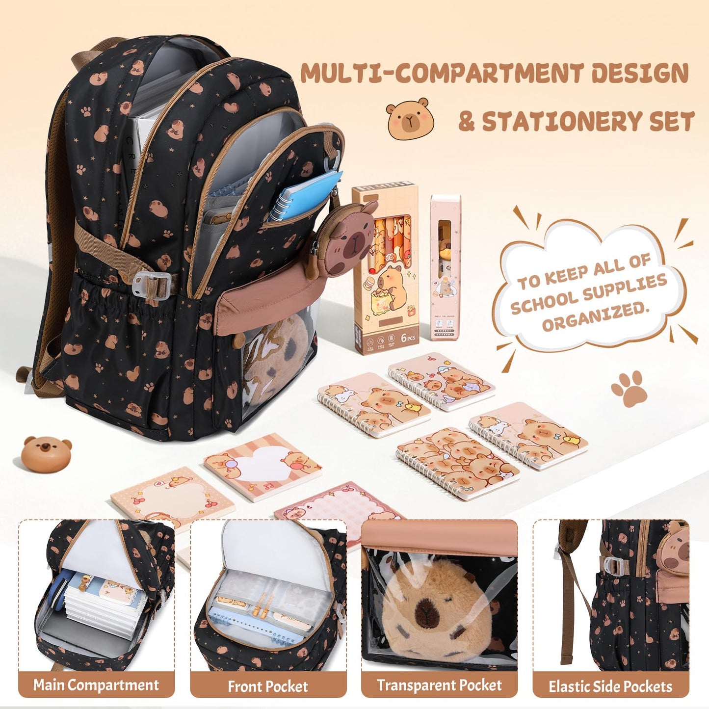 Similove Capybara Theme Backpack for School Girls, 35PCS Kids Backpack Set with School Supplies Stationery Kit Lunch Box Pencil Case, Cute Girls Bookbag for Kindergarten Elementary Student
