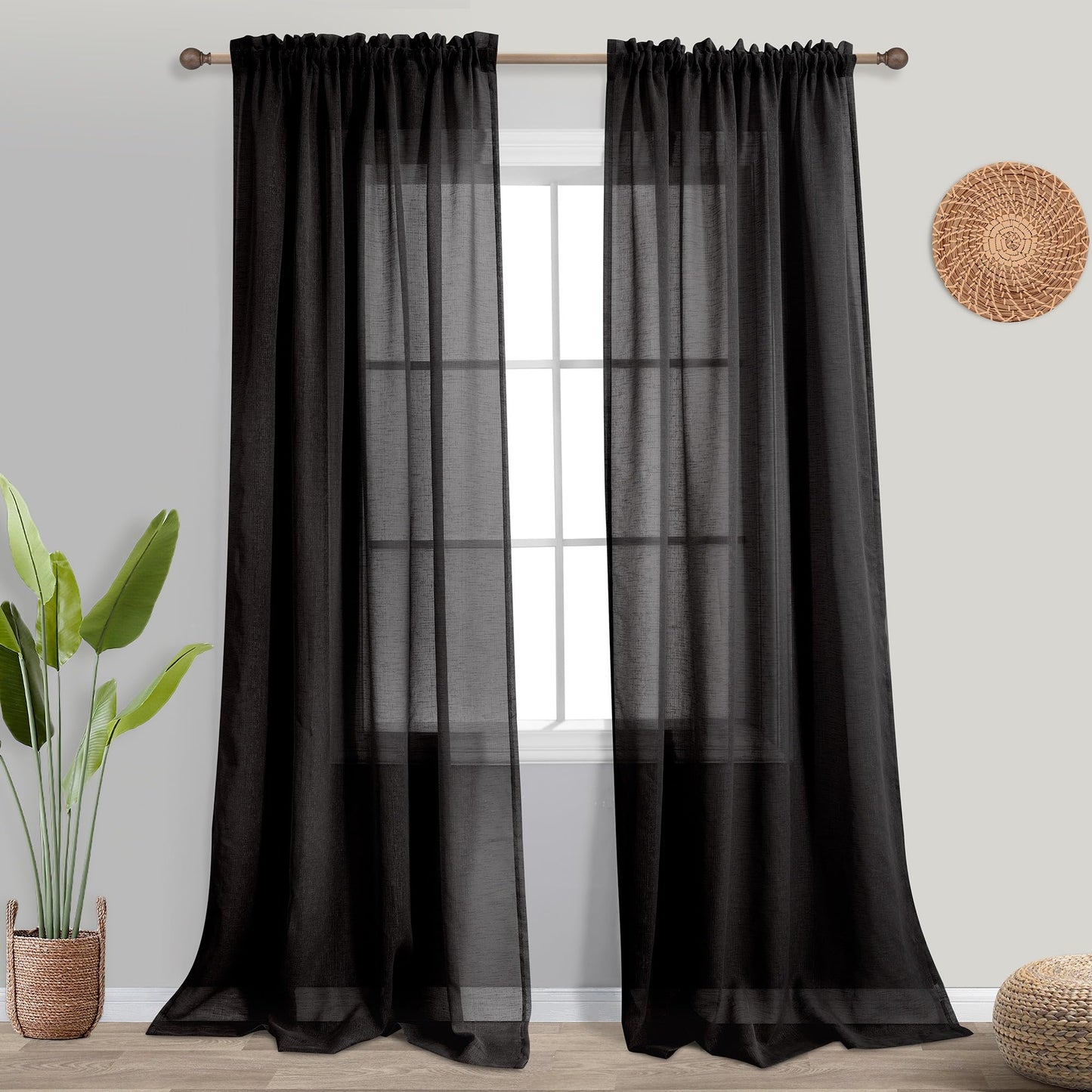 KOUFALL Black Sheer Curtains 84 Inches Long for Bedroom 2 Panels Set,Linen Look Rod Pocket Semi Light Filtering Boho Gothic Curtains for Living Room Window