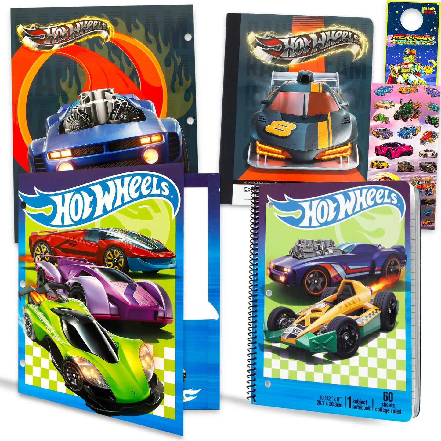 Hot Wheels School Supplies Set - Bundle with Spiral Notebooks, Composition Notebook, 2 Portfolio Folders, Stickers, More | Hot Wheels School Supplies Set for Boys, Girls, Kids
