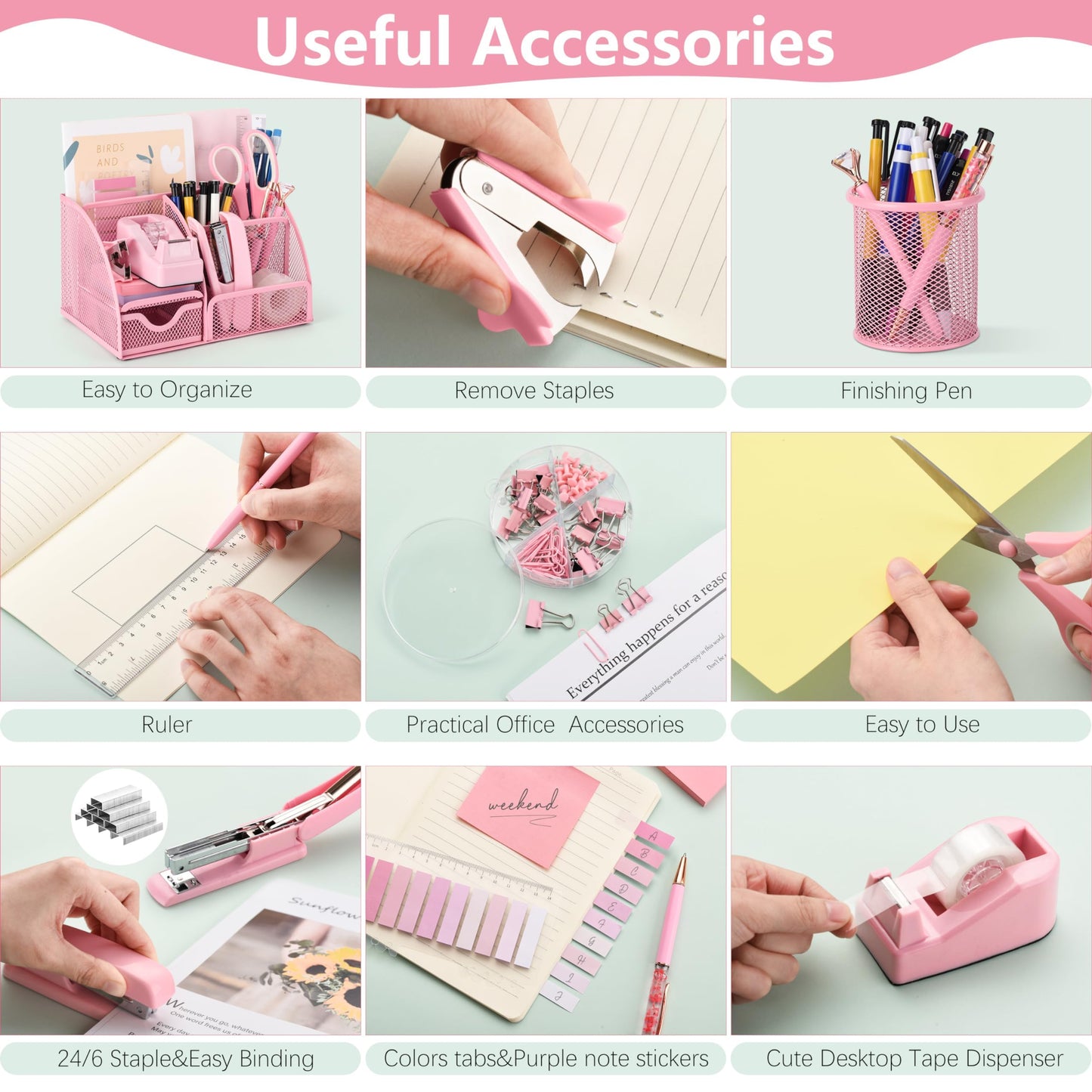 Fayoo 11 Pcs Pink Office Supplies Set Mesh Desk Organizer Accessories Kit include Stapler Tape Dispenser Staple Remover Clips Ruler Scissors Sticky Notes for Office School Home Women (Pink)