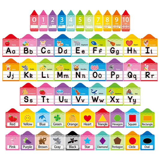 Crayon Alphabet Number for Classroom Wall Colorful Crayon Bulletin Board Manuscript Educational Cards ABC Letters Numbers Shapes Colors Poster for Preschool Elementary Early Learning Decor