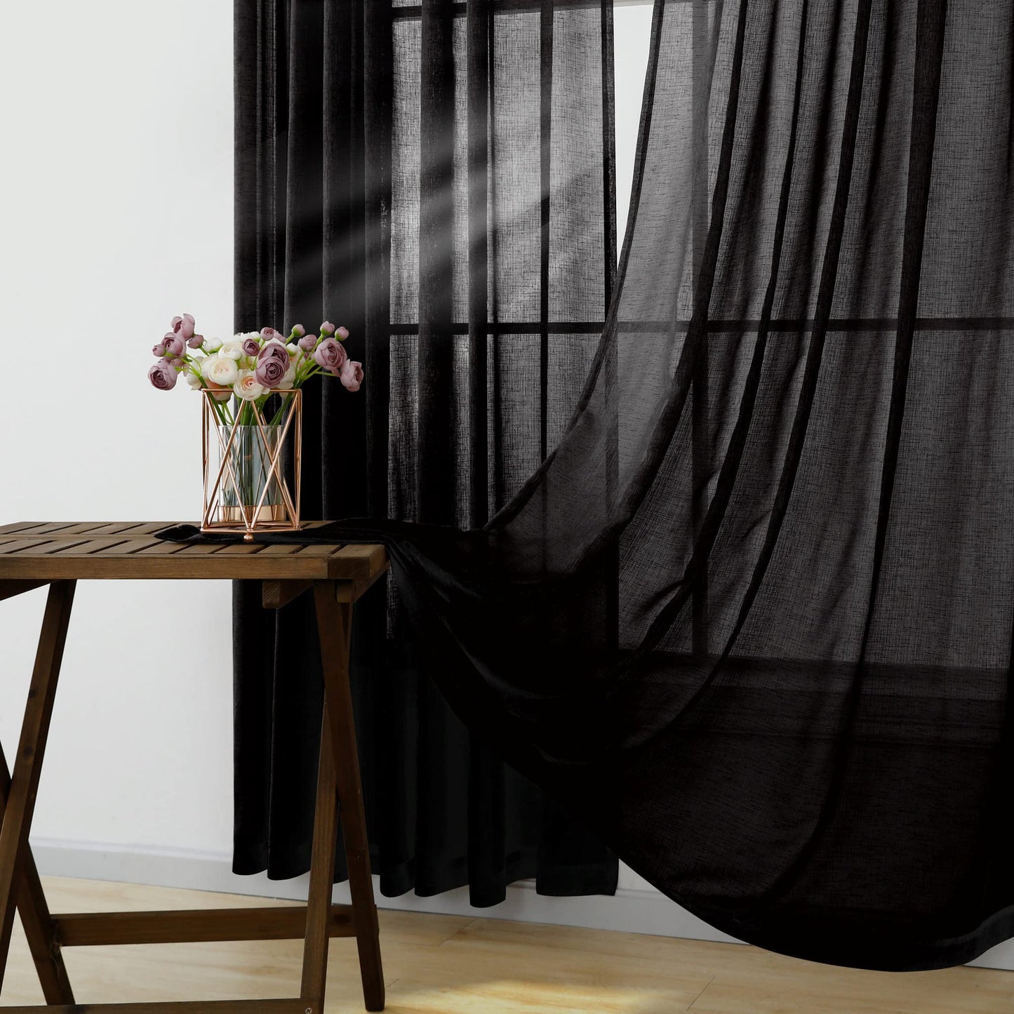 KOUFALL Black Curtains 96 Inches Long for Office,Light Filtering Linen Sheer Curtains for Living Room 96 Inch Length