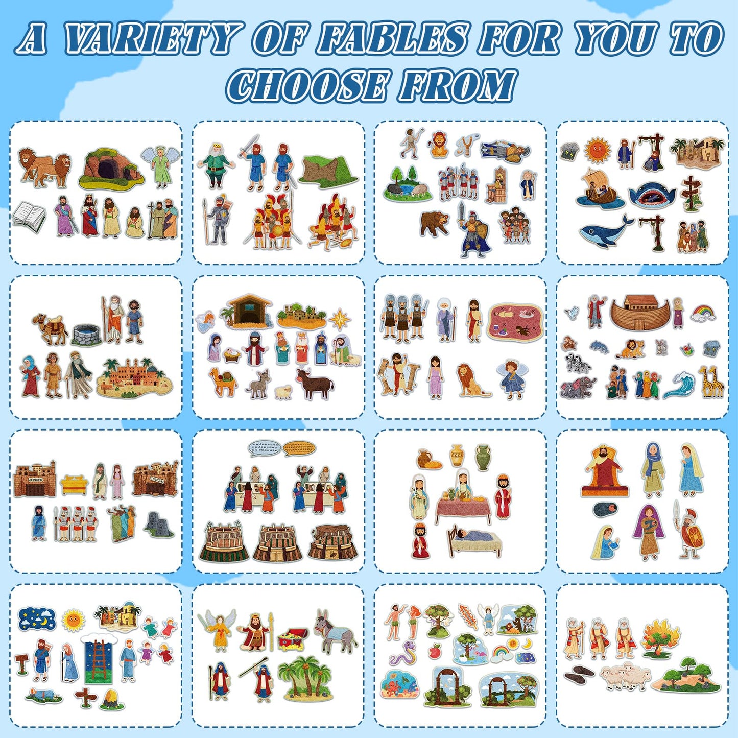 Windkream 16 Pack Felt Board Story Sets Flannel Felt Story Board Pieces with a Multi Functional Pieces Storage Binder and 16 Pcs Pocket for Activities Time(Bible Stories)