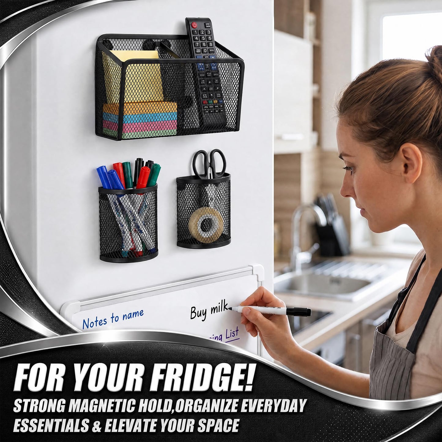 Marspark 3 Pcs Magnetic Pen Holder Set Metal Pencil Holder with Strong Magnets Wire Mesh Storage Basket Organizer for Locker Accessories Whiteboard Refrigerator School Office Dorm (Black)