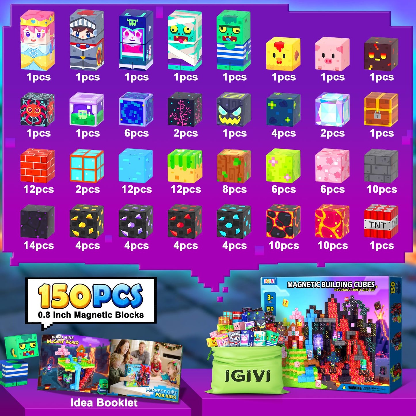 IGIVI 150PCS Magnetic Blocks - Build Mine Magnet World Set, Magnets Building Toys for Kids Ages 3-5 6-8 8-12, Supplies Birthday Party Gifts for 3+ Year Old Boys Girls, STEM Sensory Toys for Toddlers