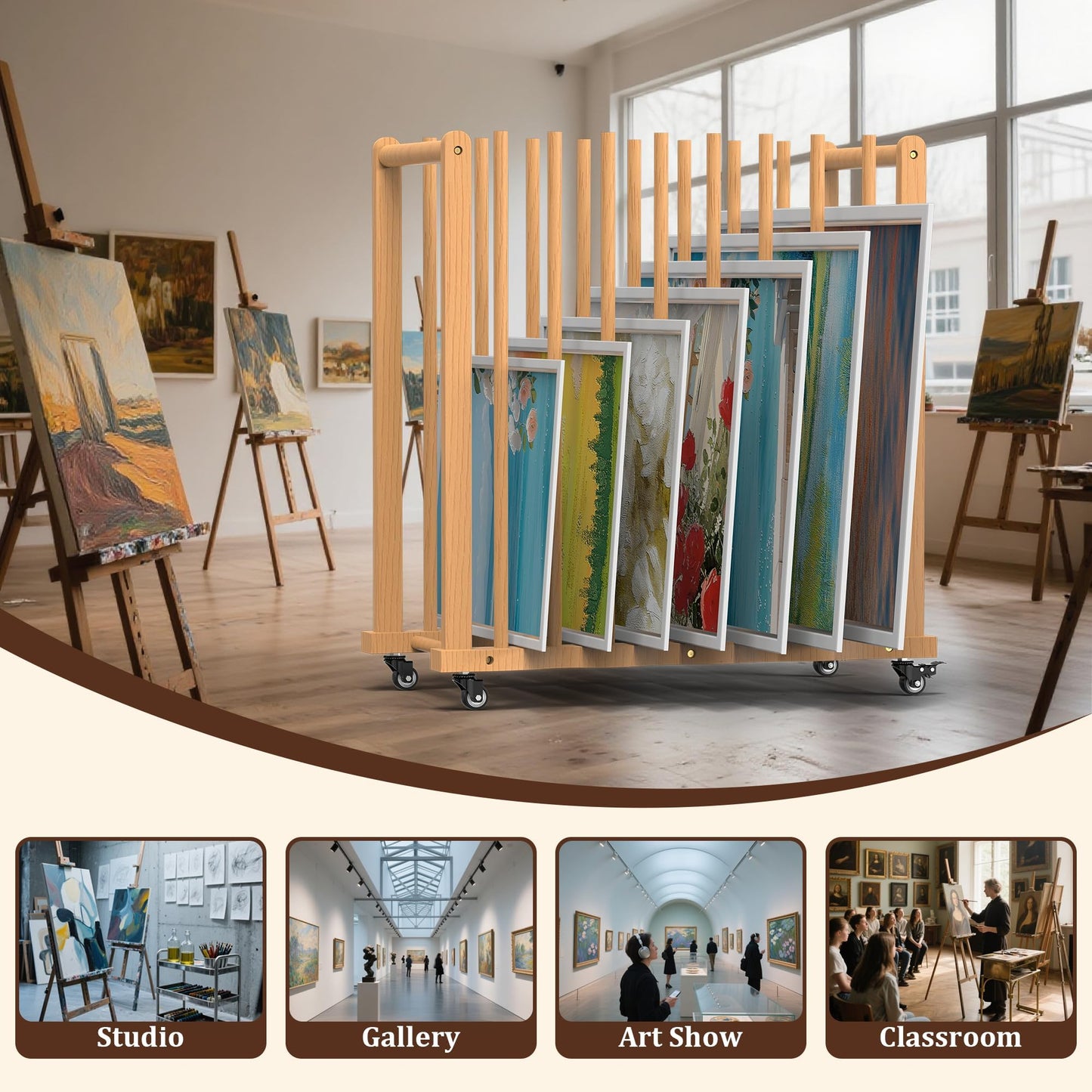 BERPET Wood Art Drying Rack, Canvas Storage Rack with Handle and Caster Wheels for Drawing Board, Panel, Paper Pad and Art Studios, Artworks, Gallery