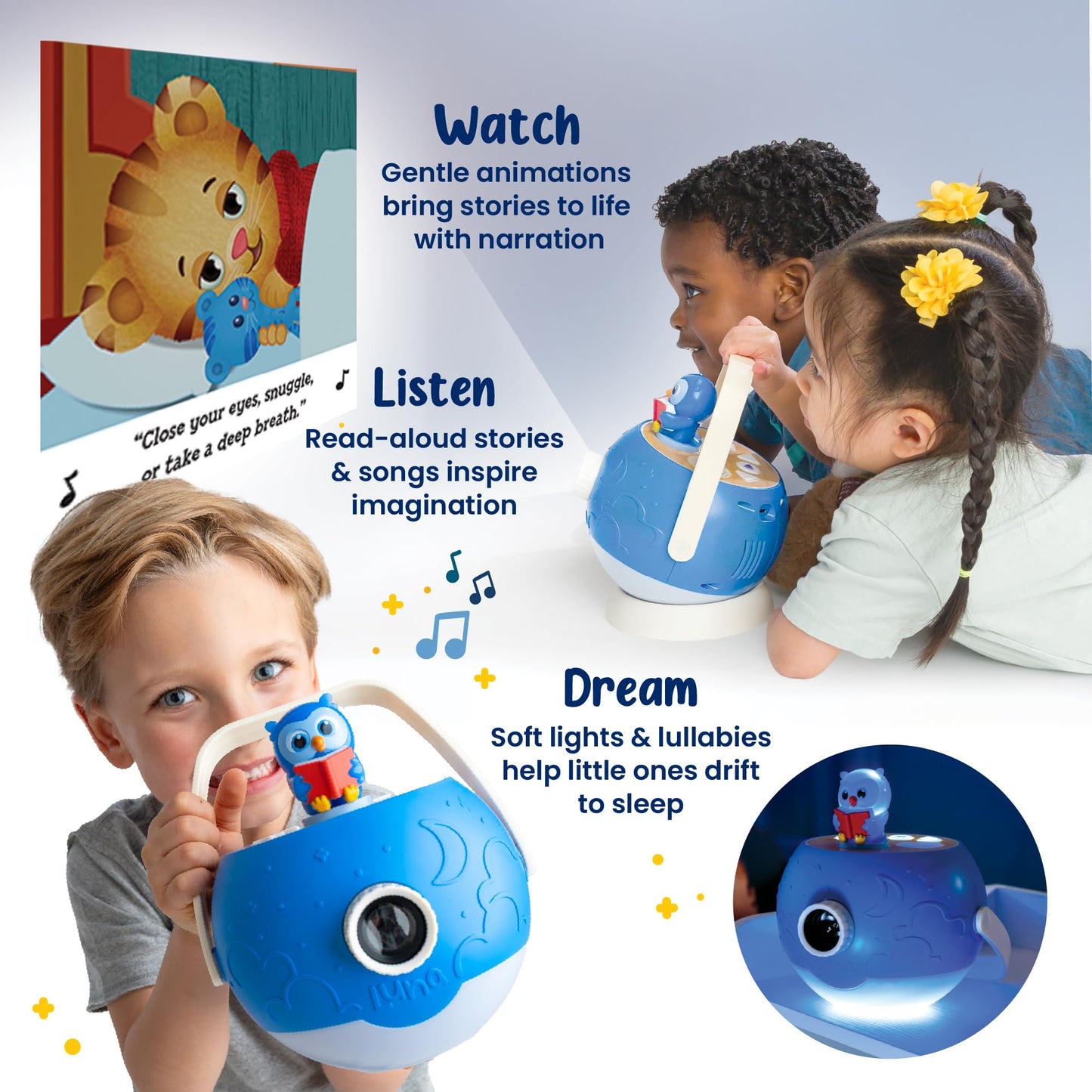 LUNA STORYTIME Kids Book Projector – 5 Daniel Tiger & 5 Classic Read-Aloud Stories, 10 Songs & Night Light & Soothing Dream Music | Children Ages 3+ Storytime Projector | Toys, Owl & Daniel Tiger