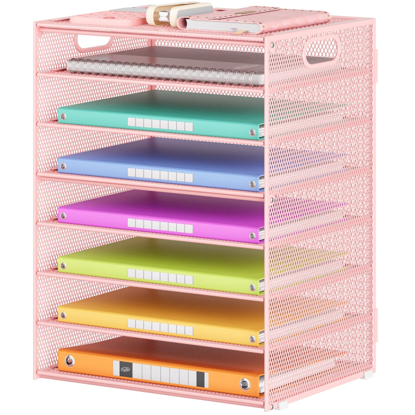 Lavatino 8-Tier Letter Tray Desk Paper Organizer, Mesh File Sorter Tray Organizer for Desk Office Supplies & Home Organization, Fits A4 Paper, Mail, Magazines and Office Accessories (Pink with Handle)