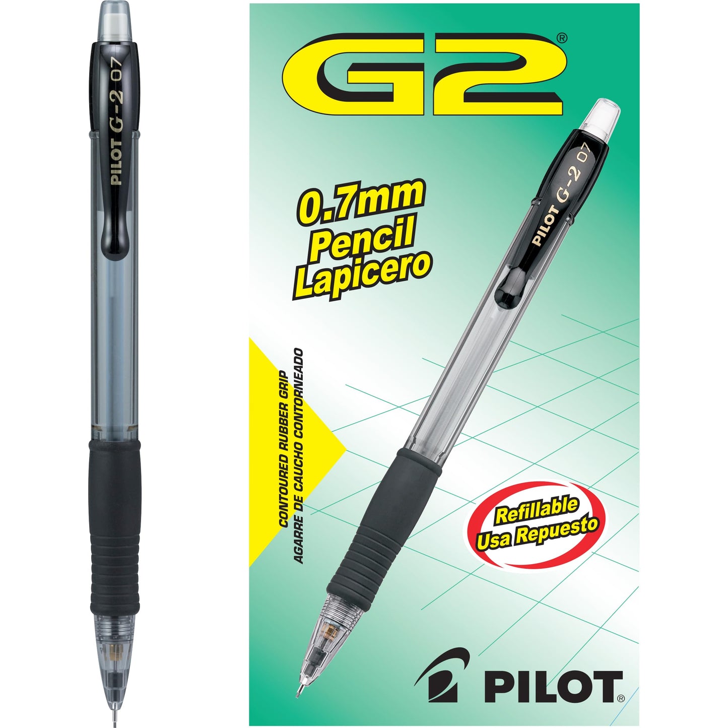 Pilot G2 0.7 Mechanical Pencils with Erasers, 0.7mm HB Lead, Black Accents, Mechanical Pencils Bulk Pack of 12