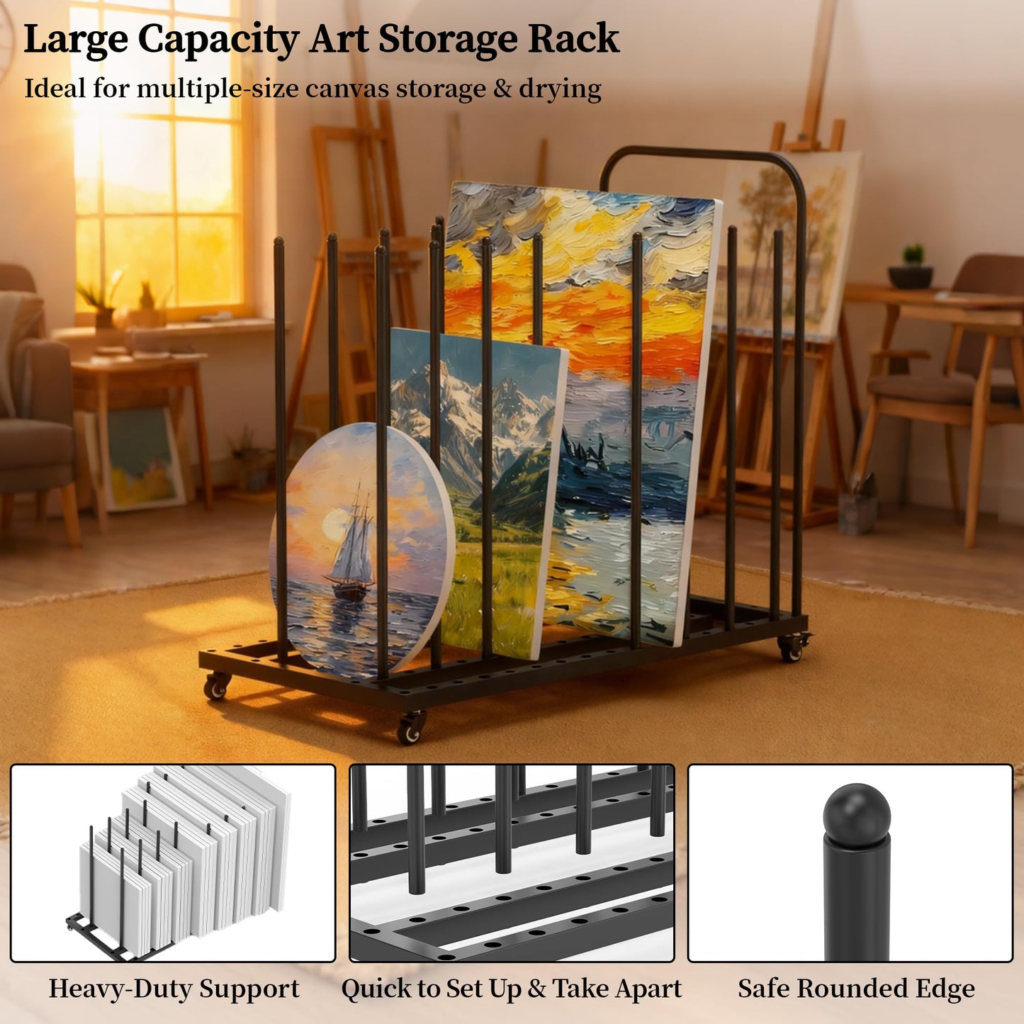 Tredre Art Storage Rack with Locking Wheels, Adjustable Metal Art Drying Painting Rack, Large Canvas Storage Display Stand for Drawing Boards, Panel, Crafts, Art Studio, Classroom and Gallery