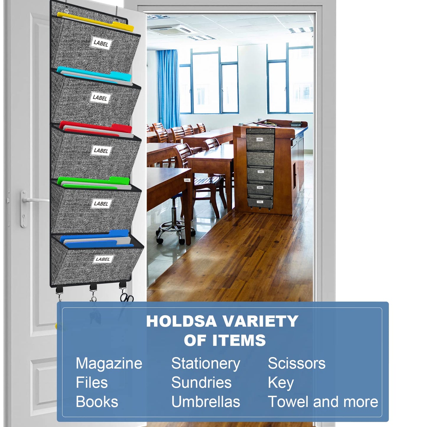 Homyfort Over the Door File Organizer, Hanging Wall File Folders with 5 Large Pockets for Papers, Charts, Mails, Magazine, Office and Back To Supplies Storage and Organization (Black)
