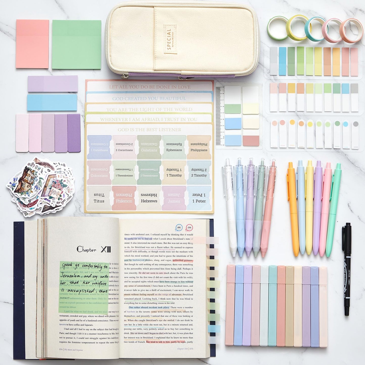 98 Pcs Bible Study Supplies, Bible Journaling Kit for Women, Aesthetic Study Kit with Pencil Case Book Annotation Aesthetic Highlighters Notes Gel Pens for Office Christian Gifts Christmas(Purple)