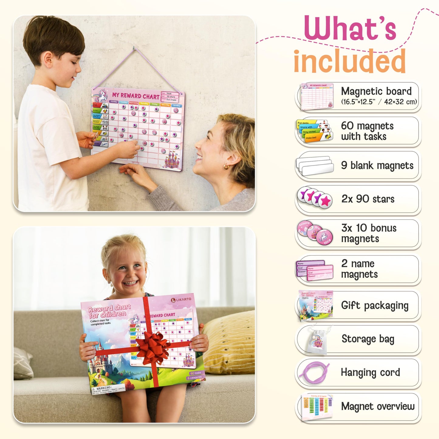 LIKARTO Magnetic Reward Chart for Kids with 280 Magnets - Behavior Chart for Kids at Home - Responsibility Reward Chart - Chore Chart - Visual Schedule - Ideal for Ages 3-9, Autism, ADHD - Pink