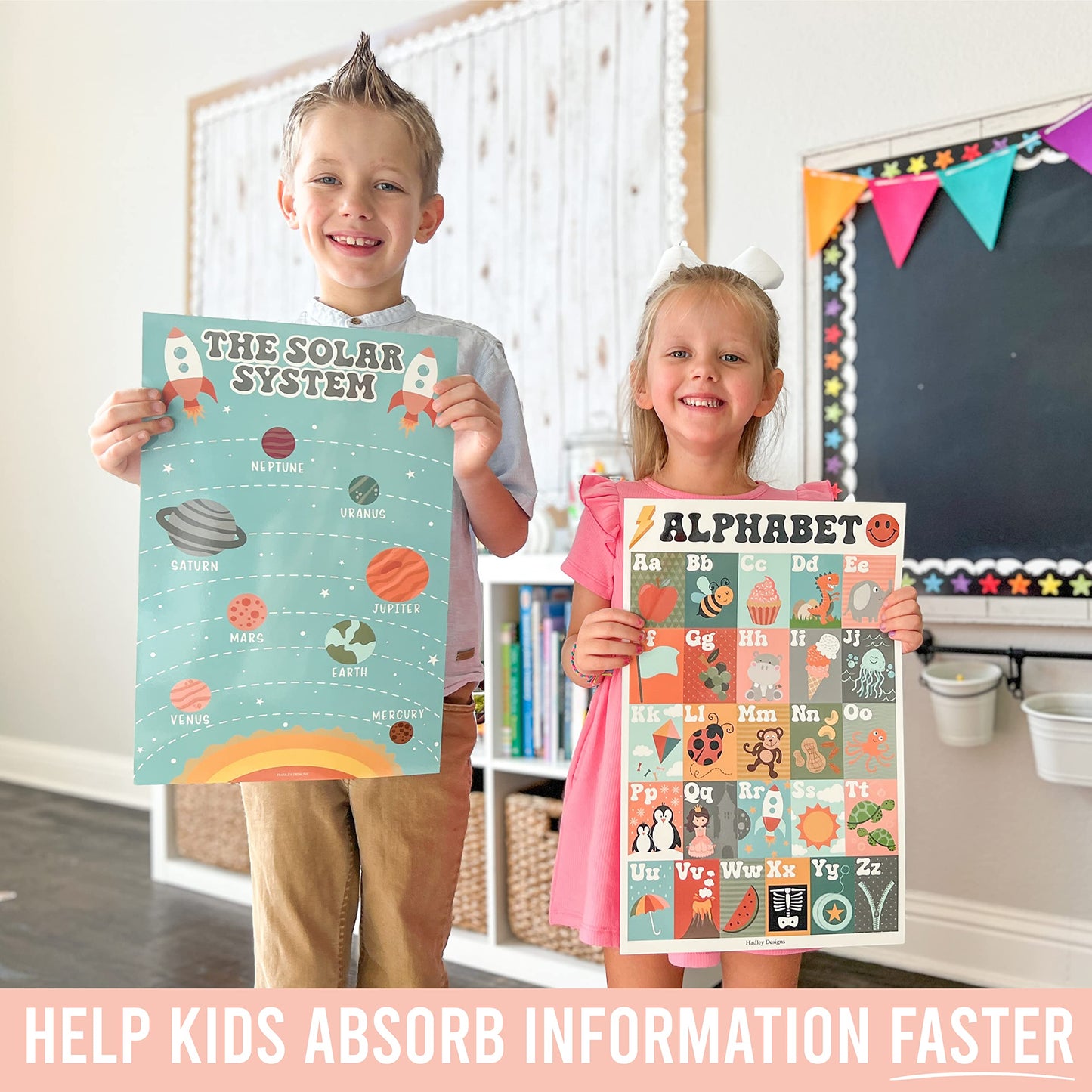 Hadley Designs 4 Alphabet, Map of United States, World Map, & Solar System Posters - Laminated ABC Charts for Toddlers Wall Decor, Retro Posters for Kindergarten, Prek Classroom or Homeschool 11x17