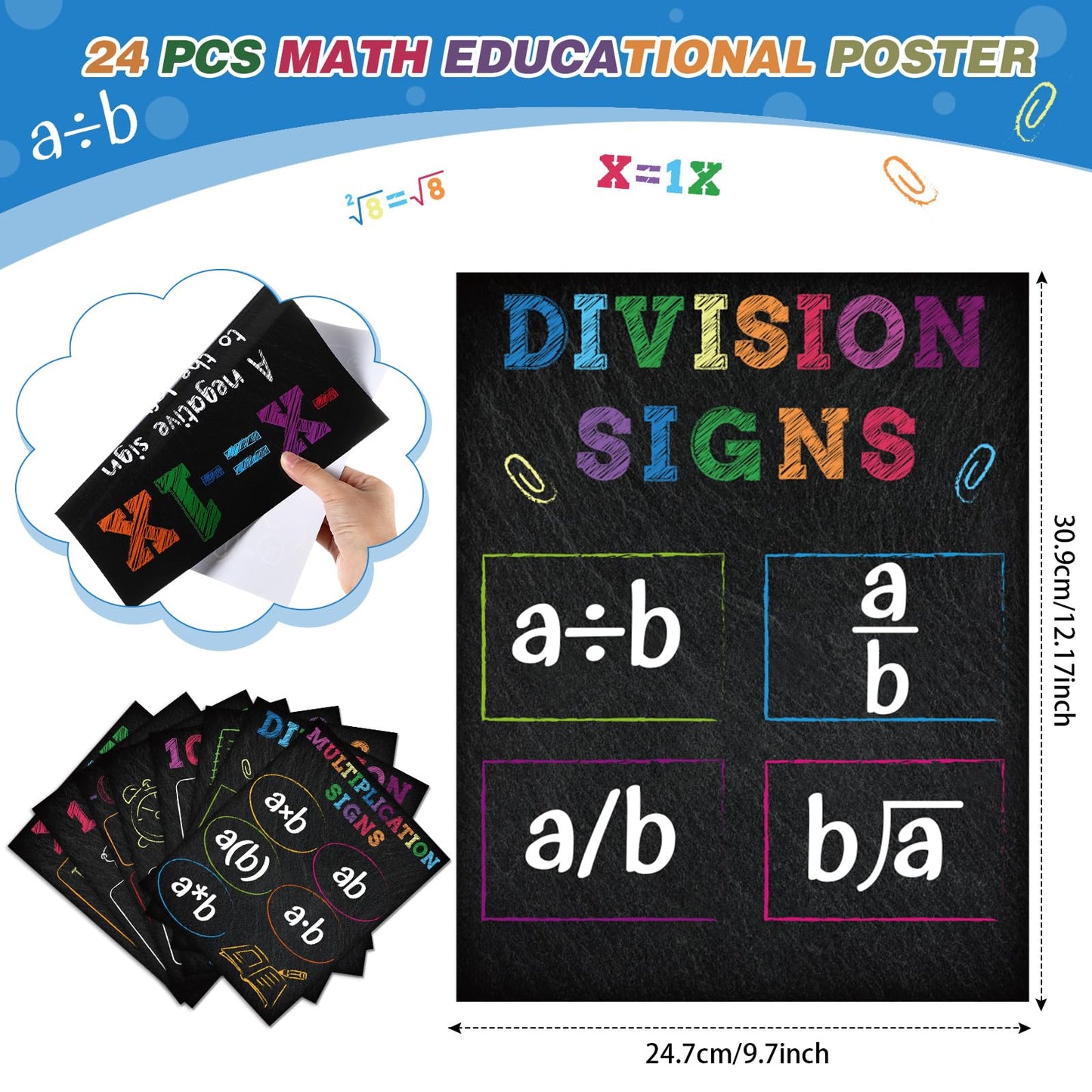 AmazingSpark 24 Pcs Math Posters for Middle School Algebra Classroom Bulletin Board Decor Fractions Mathematics Classroom Banner Decorations for Teachers Manipulatives(Black,Blackboard Style)