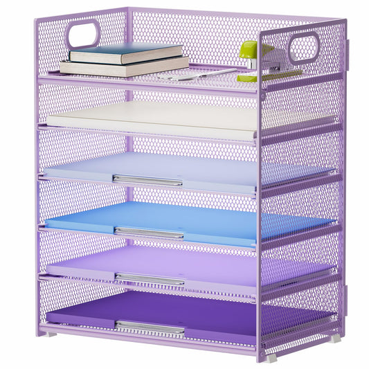 Marbrasse 6 Tier Paper Organizer Letter Tray - Mesh Desk File Organizer with Handle, Paper Sorter for Letter/A4 Office File Folder Holder - Purple