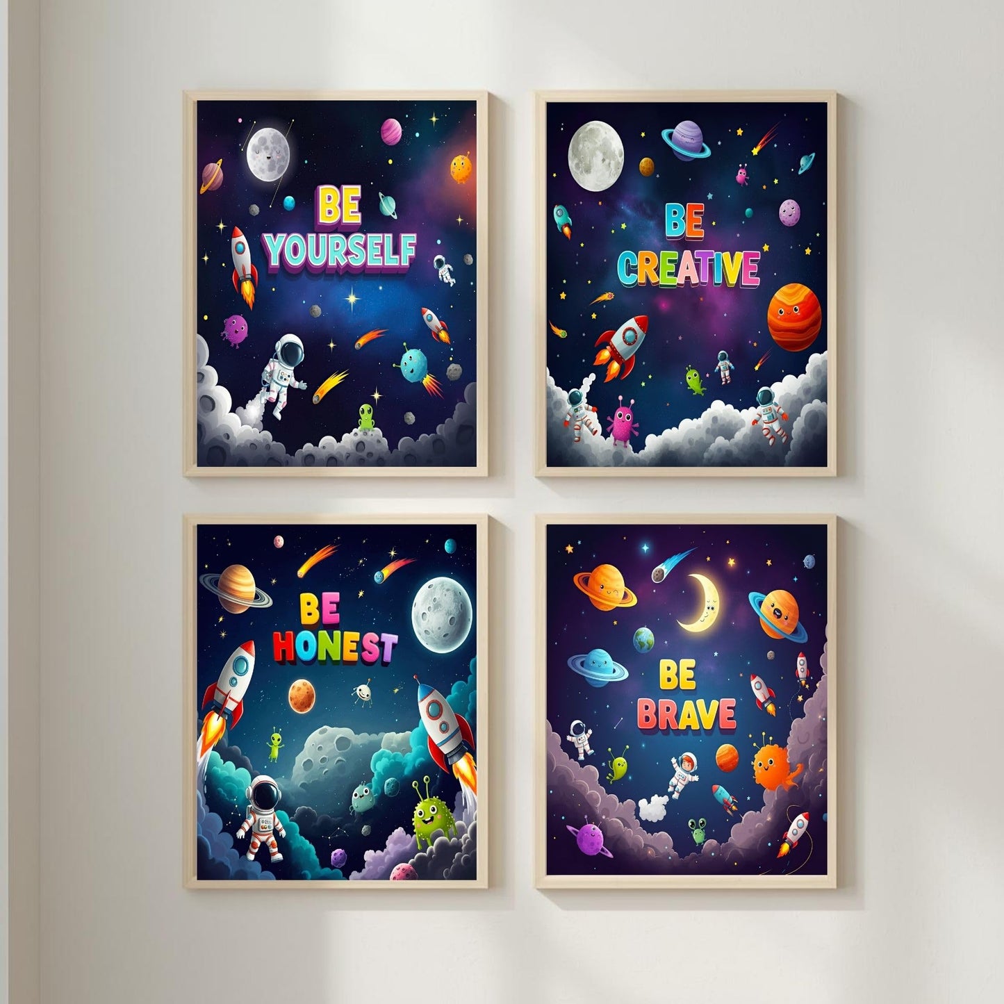 Bentolvia Set of 4 Outer Space Posters for Kids, 8 x 10 Inches Unframed Inspirational Art Decor for Boys and Girls, Playroom and Nursery Space Wall Art
