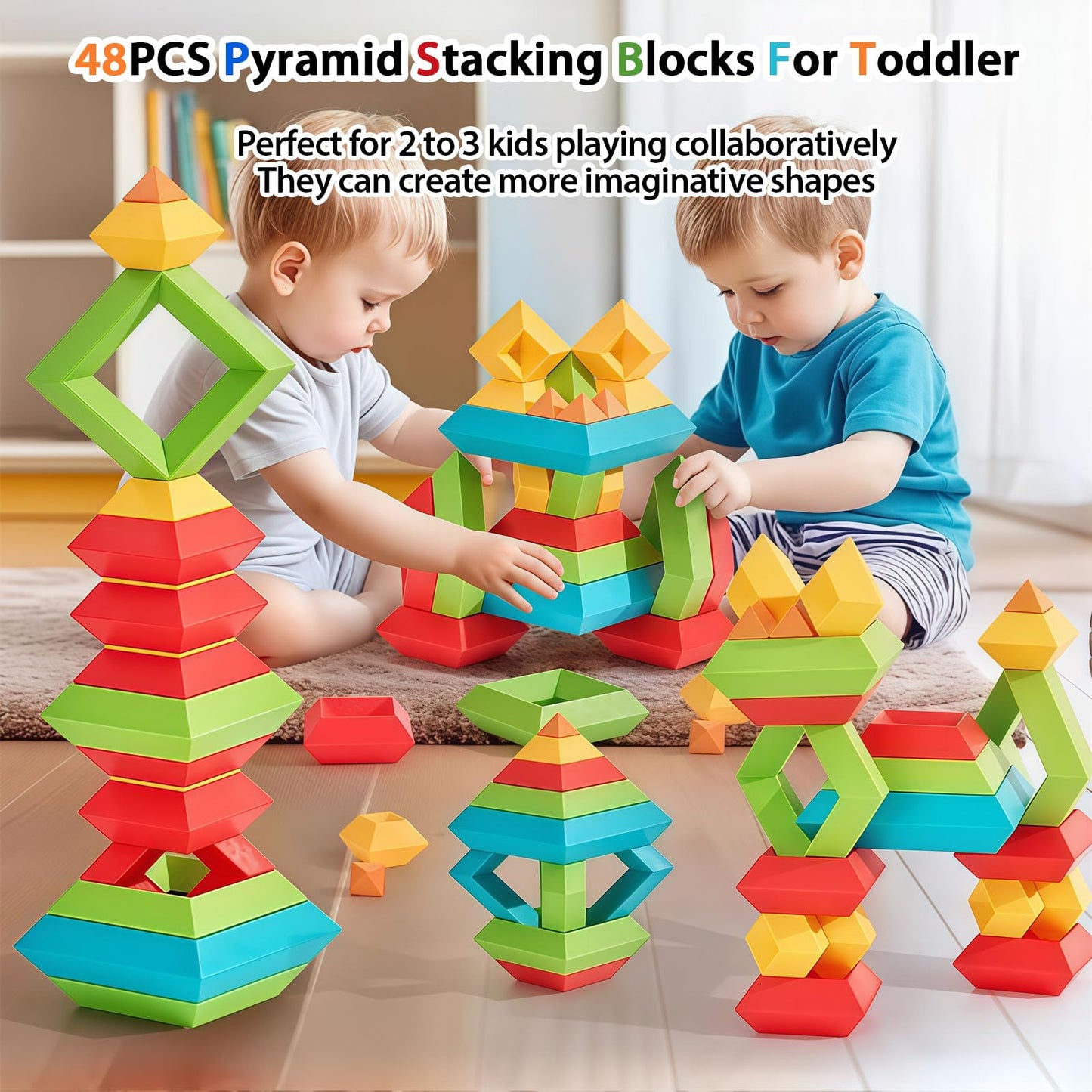 WSKC 48 PCS Building Block Stacking Toys Kids 3 4 5 6 Year Old, Educational STEM Toys for Boys Girls, Developmental Learning Sensory Gifts for Birthdays