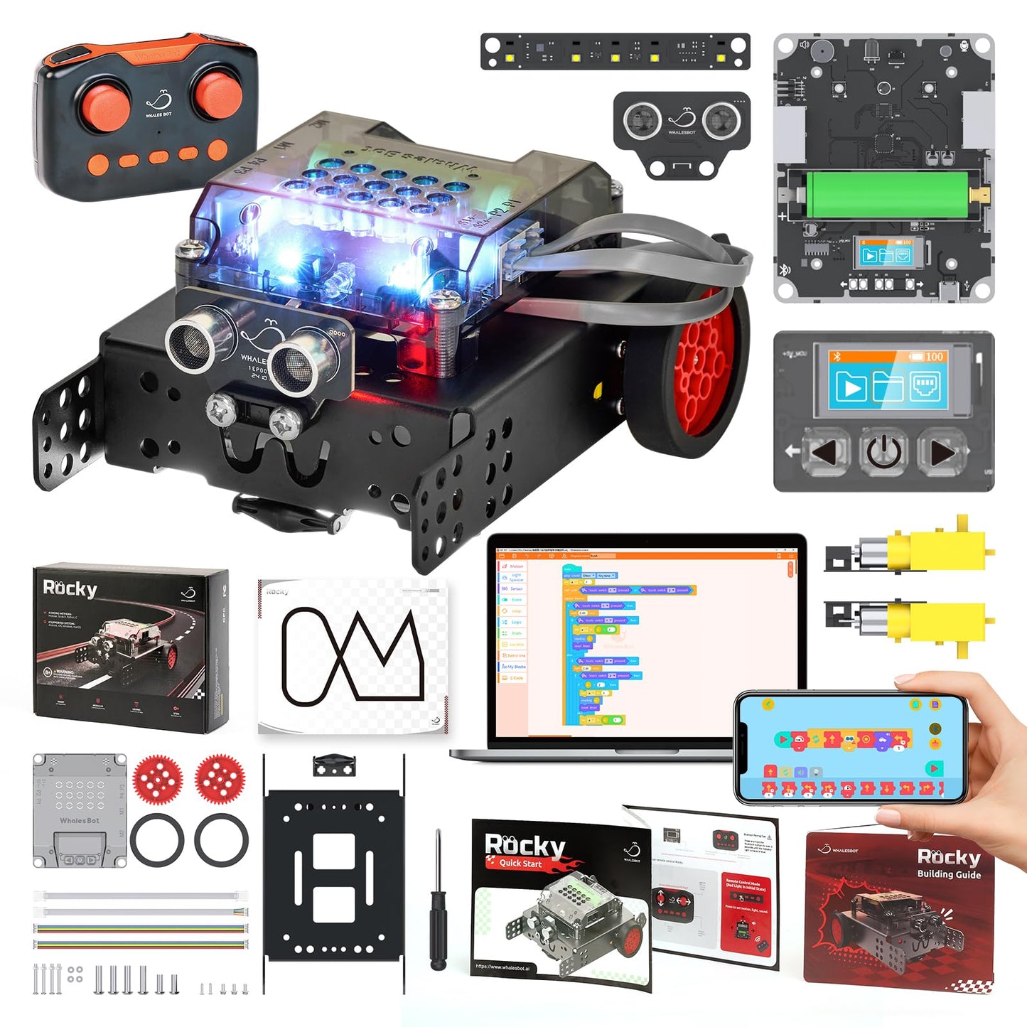 WhalesBot Rocky Coding Robot Car Kit for Kids 8-12 12-16, STEM Educational Engineering Toy, Scratch Python C Programming & Remote Control, Science Gift for 8 9 10 11 12+ Year Old Boys Girls