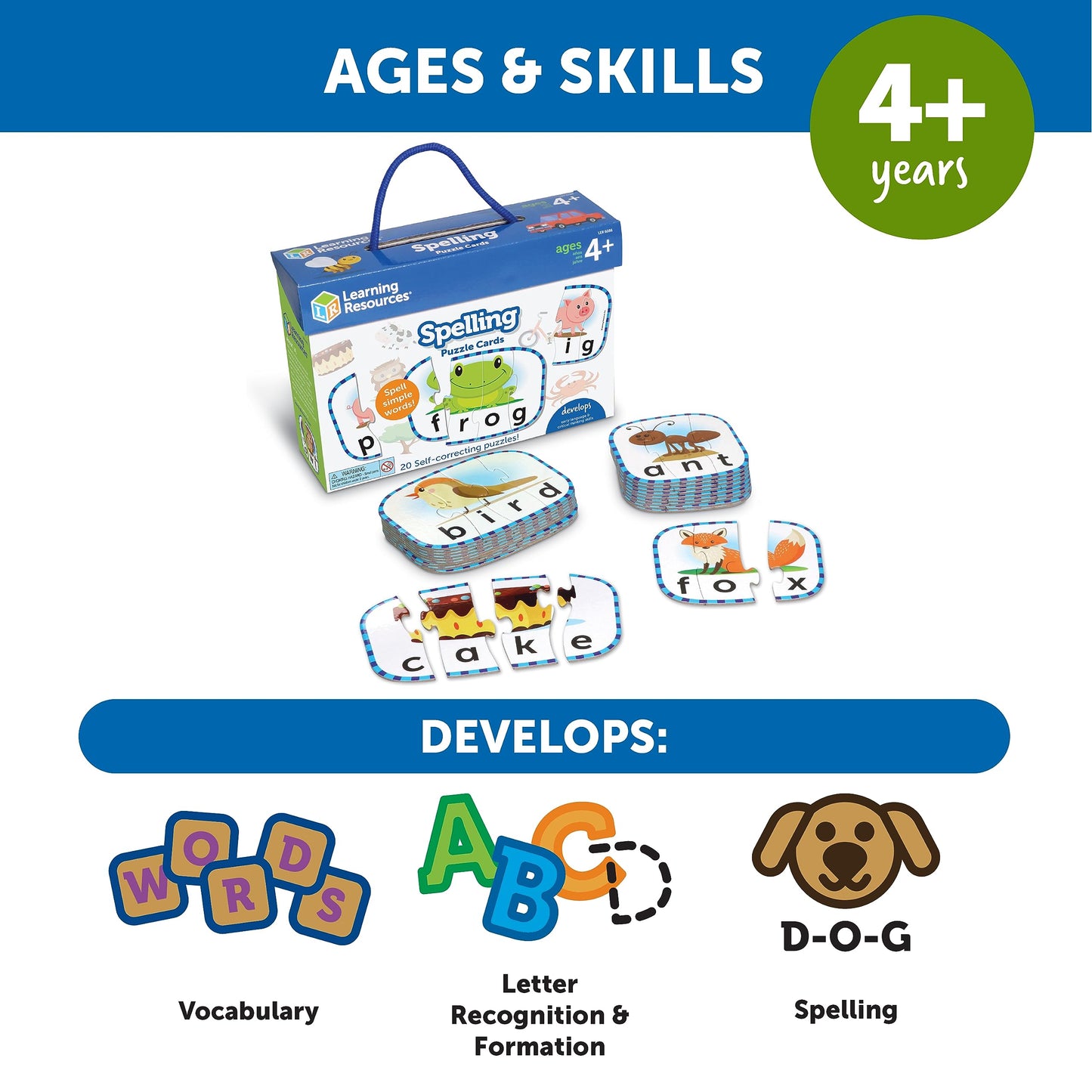 Learning Resources Spelling Puzzle Cards, Kindergarten Readiness, Self Correcting Puzzles, Ages 4+