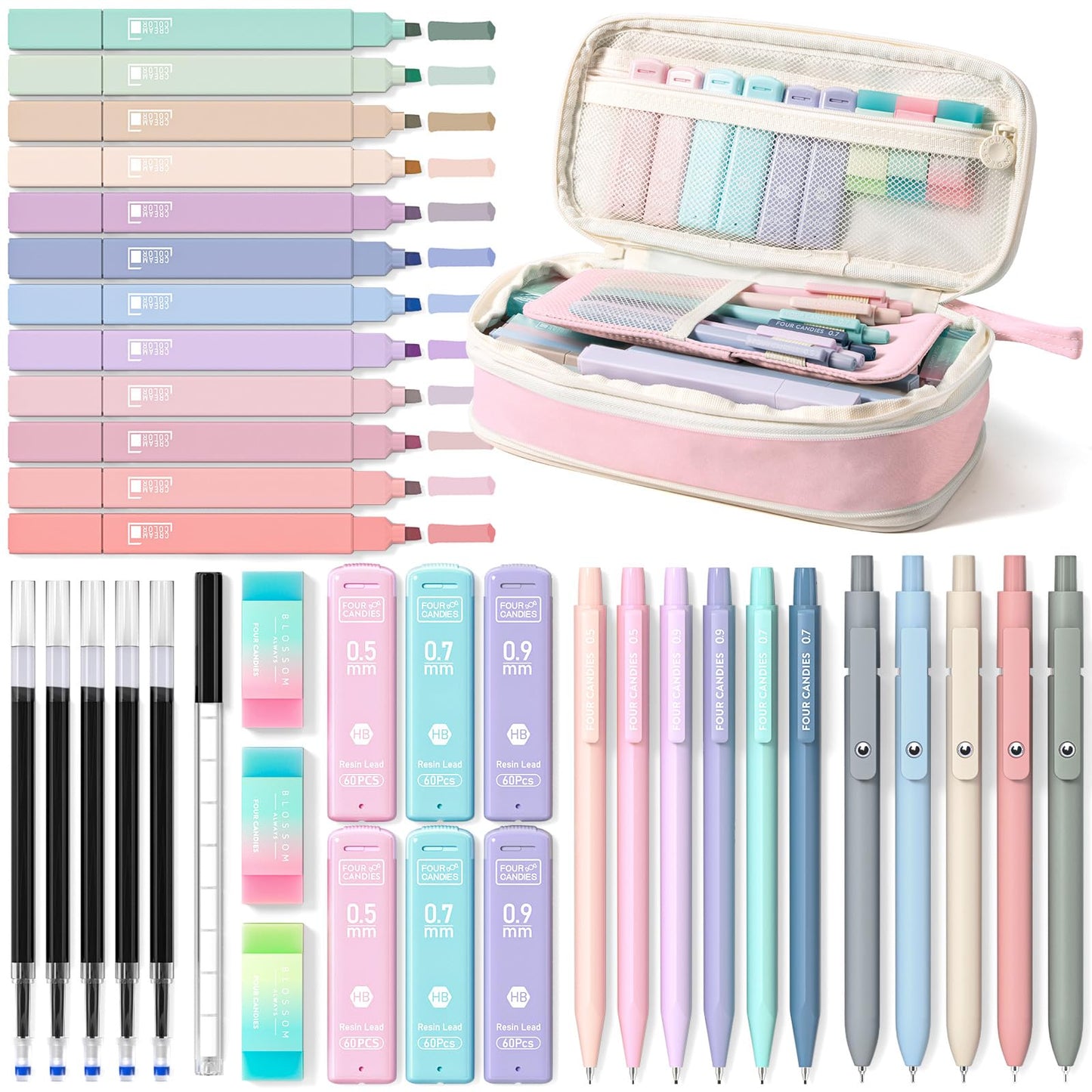 Four Candies 39 PCS Aesthetic Stationery Set with Cute Pen Case, College Supplies and Nursing Essentials, 12 Pastel Highlighters, 5 Black Gel Pens, 6 Mechanical Pencils, Pink