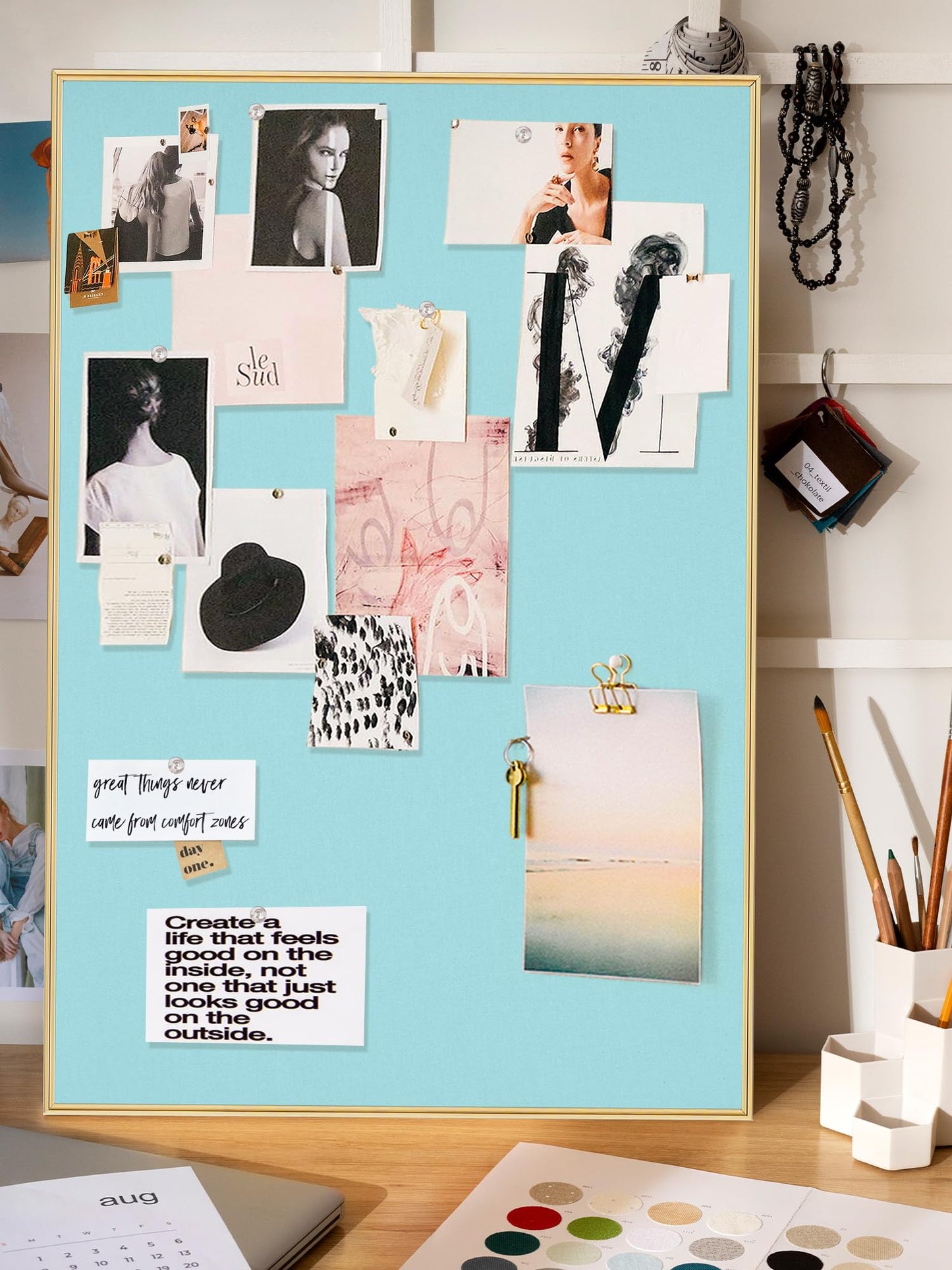 Lightomorrow Bulletin Board 30 x 20 inches, Dark Blue Pin Board, Golden Aluminum Framed Fabric Cork Board with 10 Push Pins