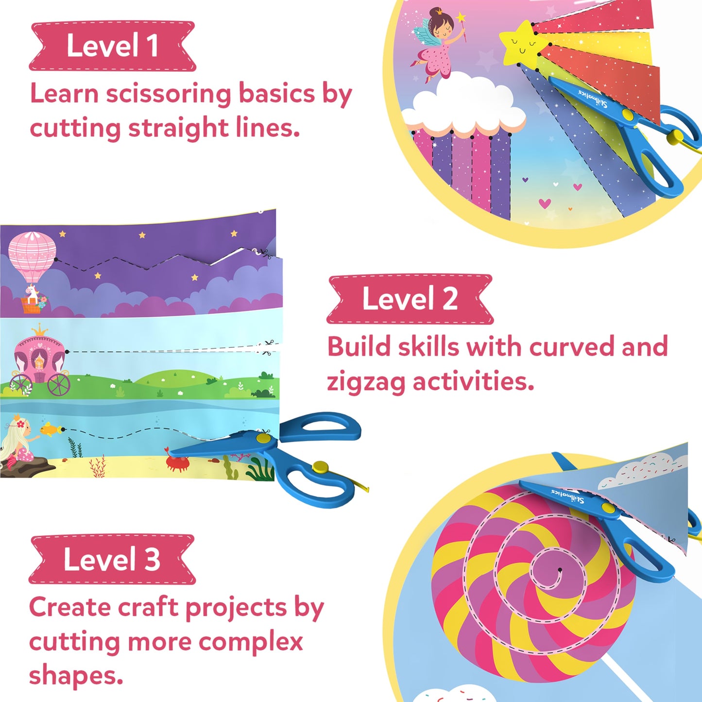 Skillmatics Scissor Skills Activity Book - Snip Snip Unicorns & Princesses, 25 Cutting & Creative Activities for Preschoolers, 2 Child-Safe Scissors, Felt Craft Kit, Screen-Free Fun, Gift for Ages 3-7