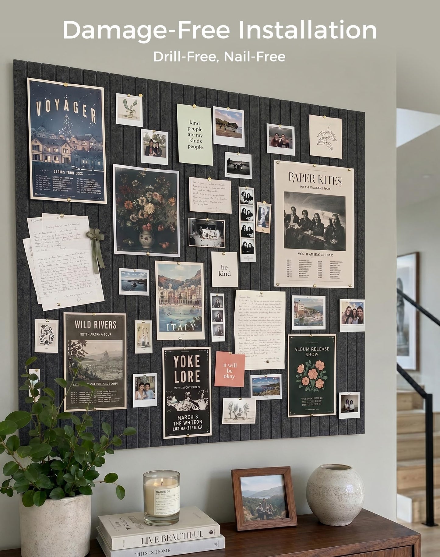 Aothia 12-Pack Felt Bulletin Board Tiles 48"x36", Modular Pin Board for Smooth Walls, Cork Board Alternative for Notes & Photos, 0.35" Thick, 70 Adhesive Tabs & 40 Pins, Charcoal Gray
