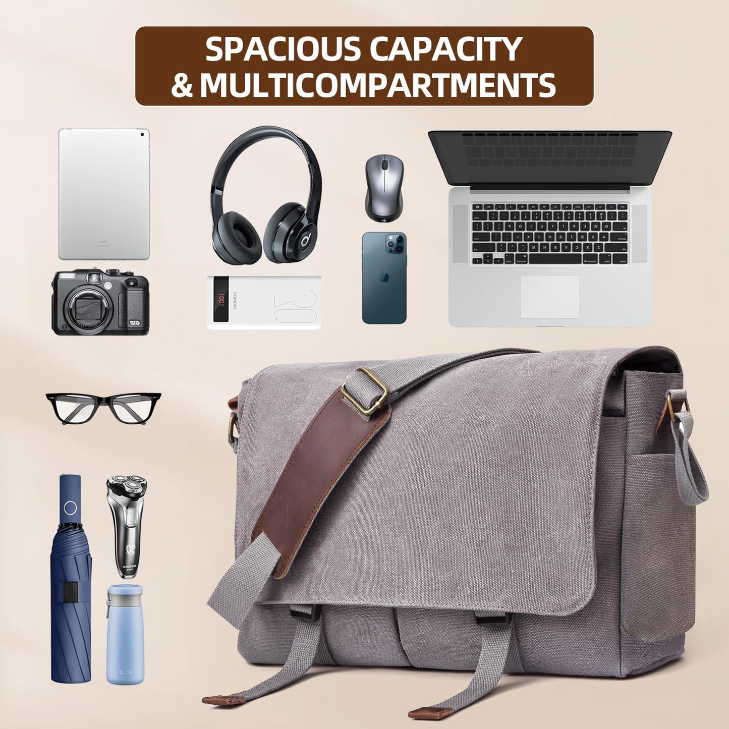 Messenger Bag for men Laptop Bag UnisexRetro Canvas Bag14-15.6 inches Casual single shoulder bag For Work College Travel (grey)