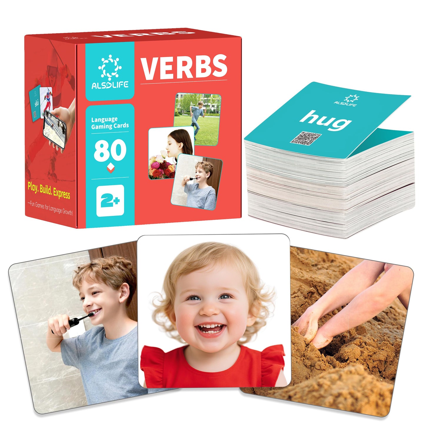ALSOLIFE 80 Verb Cards Speech Therapy, Videos for Fun Learning, Sturdy and Durable Action Verbs Flash Cards for Kids, Speech Therapy Materials for Autism Non Verbal Autistic Kids Ages 4-8