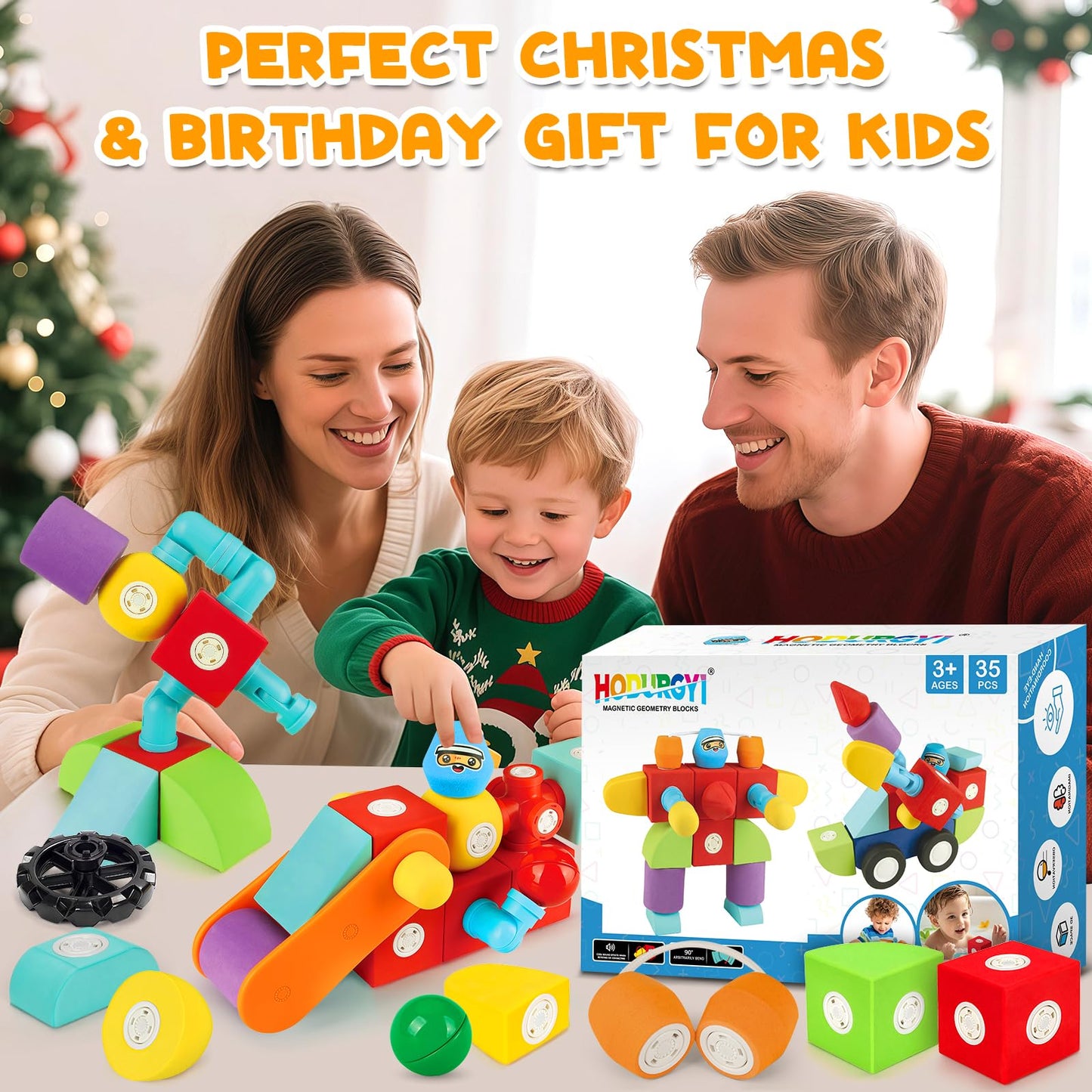 Hodurgyi 35 PCS Magnetic Foam Blocks for Kids, Large Magnetic Building Blocks for Toddlers 3+, Kids Bath Toys and Preschool STEM Educational Toys, Birthday for Boys & Girls 3 4 5 6+ Years Old