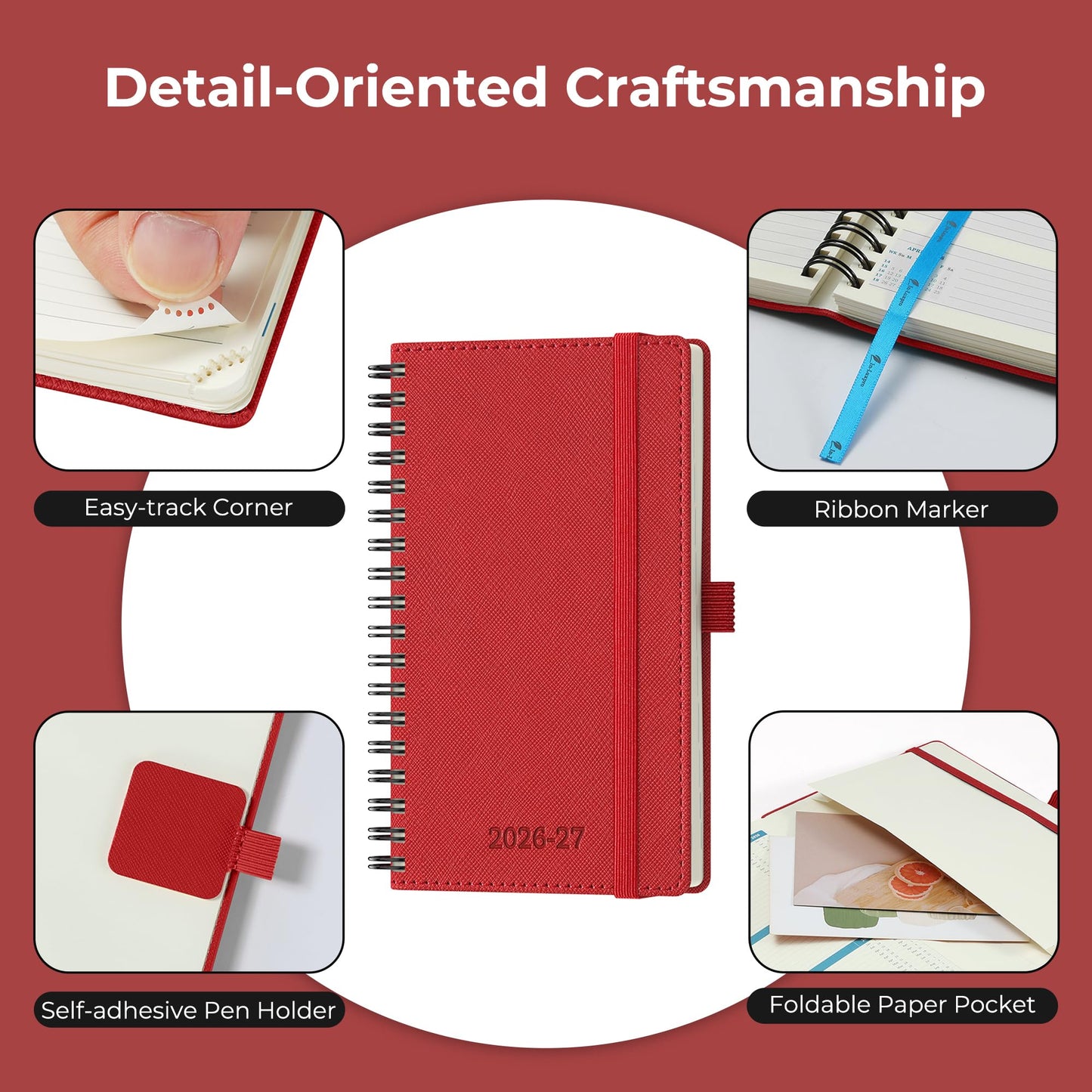 IN-LUXPRO Planner 2026-2027 Daily Weekly and Monthly,6.5"x3.75",18 Months Spiral Bound Calendar Agenda with Self-adhesive Pen Holder,2026 Academic Plan with Vegan Leather Soft Cover,Red