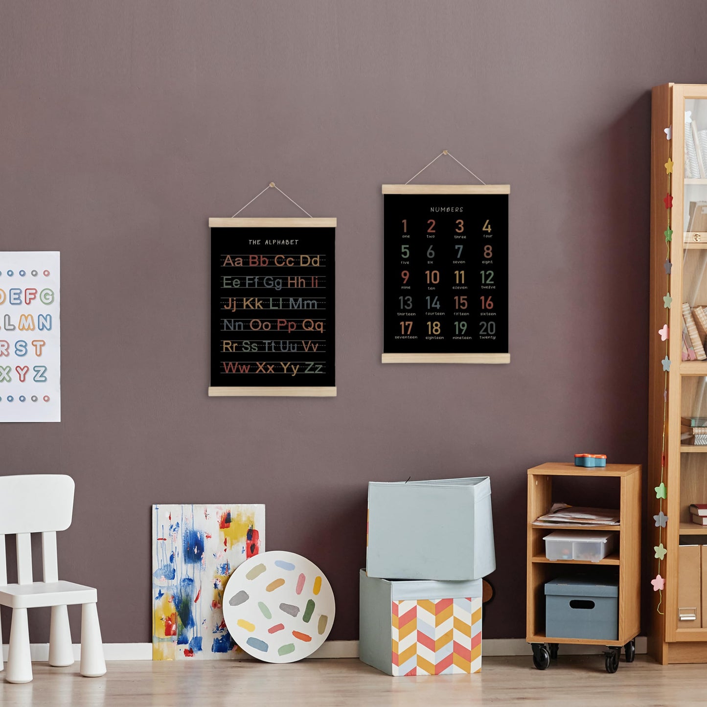 HRQKO Alphabet Numbers Poster Hanger Frame Set of 2, Black Nursery Wall Decor, ABC Poster Wall Art with Wooden Frames, Boho Alphabet Banner Wall Hanging Decor for Toddler Playroom, 12x16 Inch