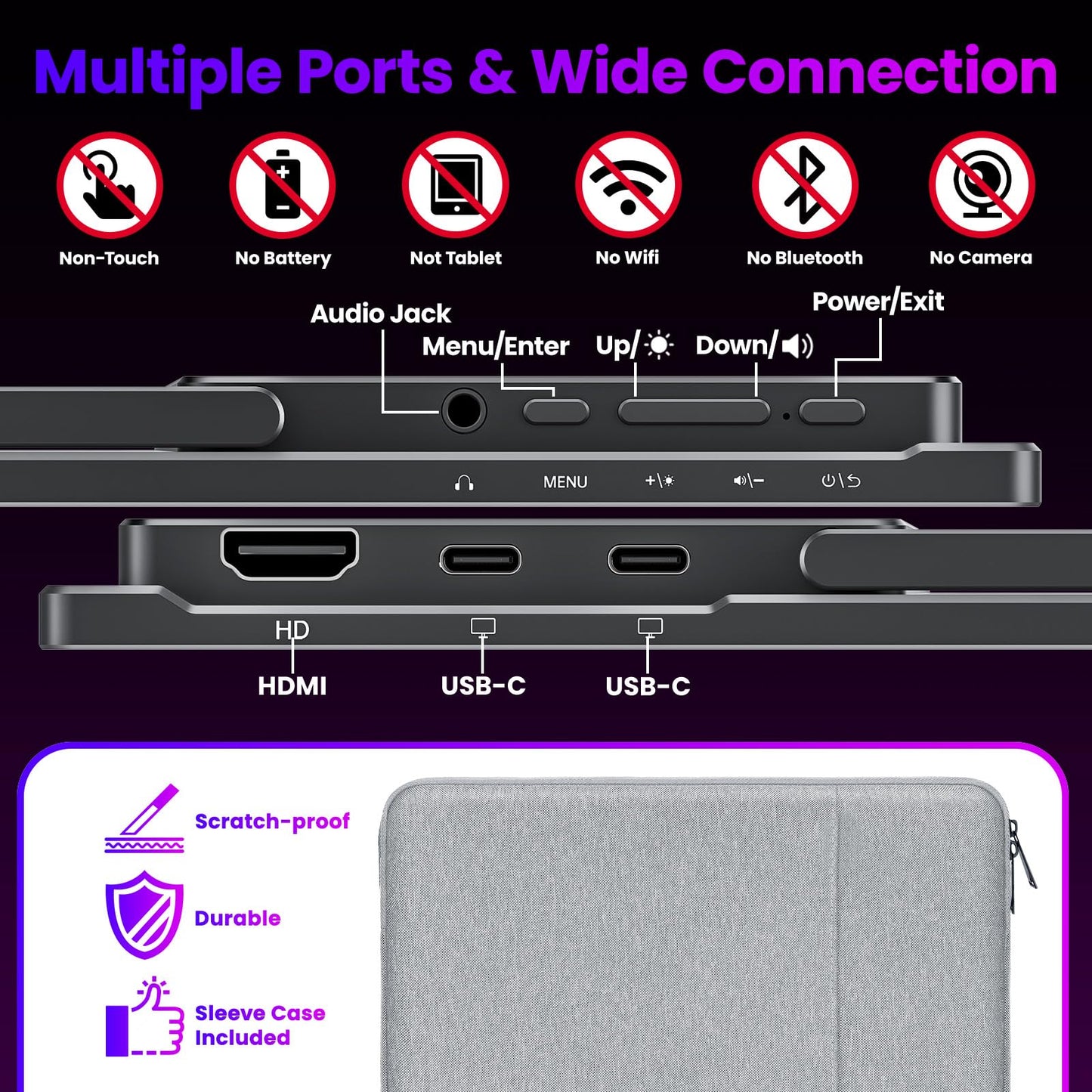 Upperizon Portable Monitor 15.6 inch 4K UHD 3840X2160 145% sRGB IPS HDR HDMI USB-C Travel Monitor for Laptop MacBook PC Surface PS5 Xbox, External Display with Kickstand & Speakers, VESA Compatible