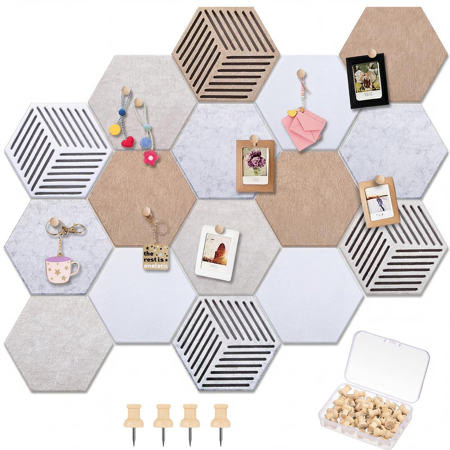Mindsoft 16 Pcs Hexagon Cork Board Tiles for Wall Decor, 7x6 Inch Self-Adhesive Corkboard Tiles with 50 Pins, Hexagon Pin Board for Home Office Classroom Notes Photos DIY Decor